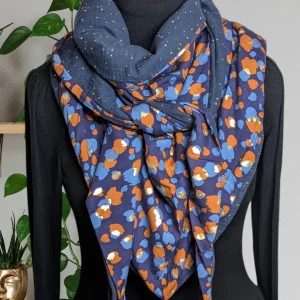 Chèche écharpe foulard triangle – Bleu/Terracotta/doré | Mi-saison